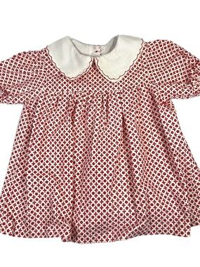 Vintage Handmade Fleur De Lis Cotton Dress Peter Pan Collar 12-24 mos Red/White